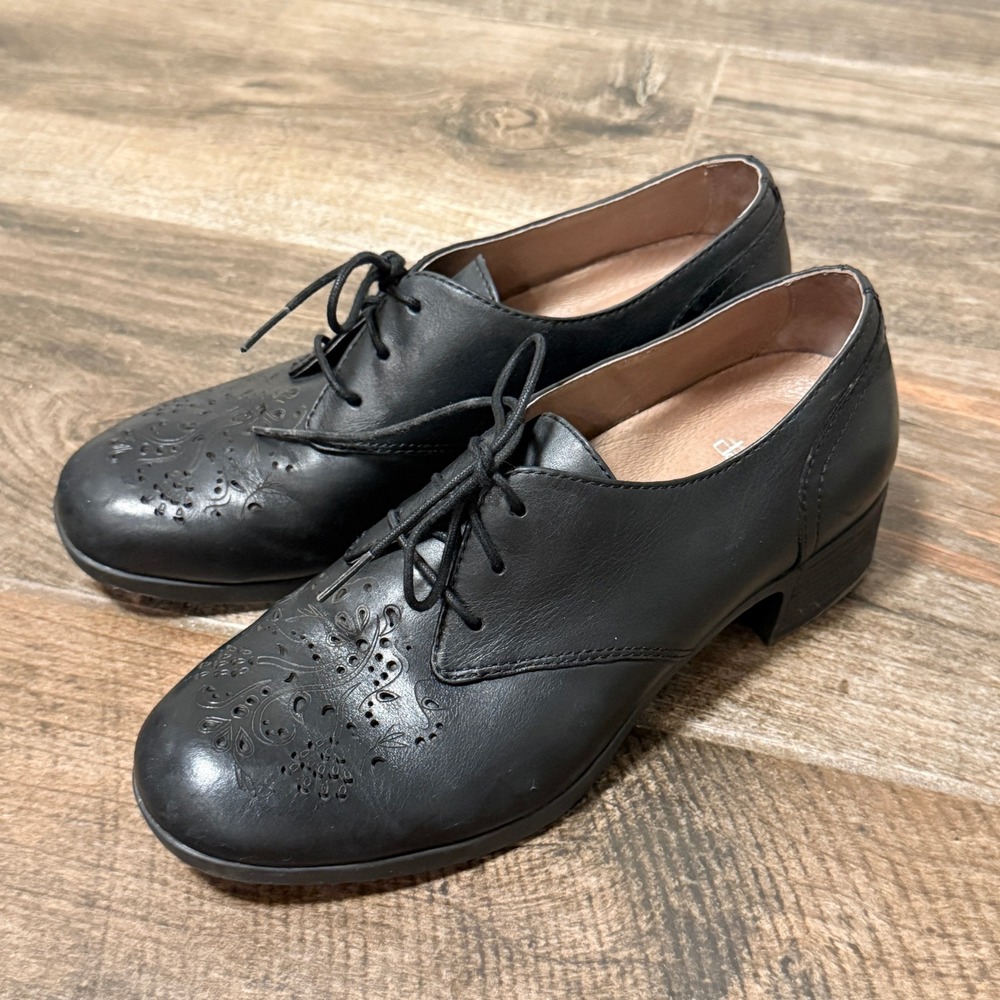 Dansko Women Floral Leather Lace Up Block Heel Oxford Shoes, Black,7.5/8 (38)